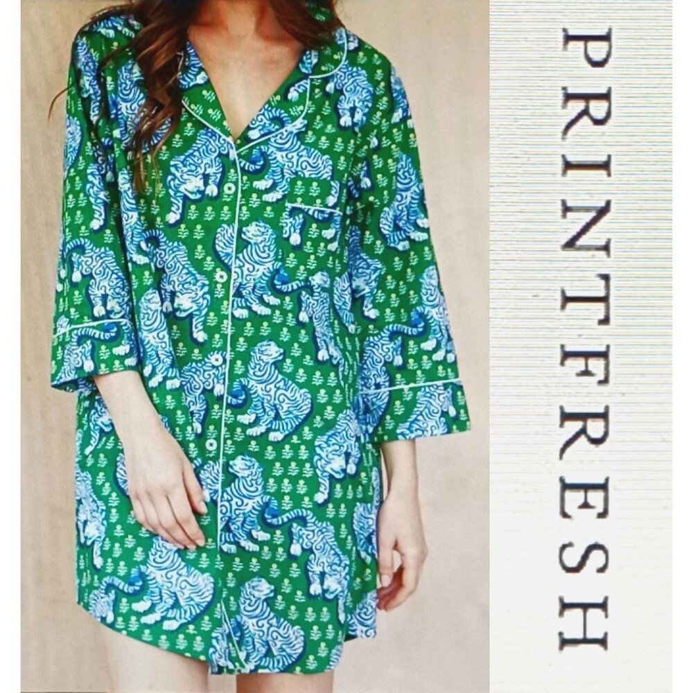NEW Printfresh Organic Cotton Sleepshirt Tiger Queen Green/Blue Button Front Med